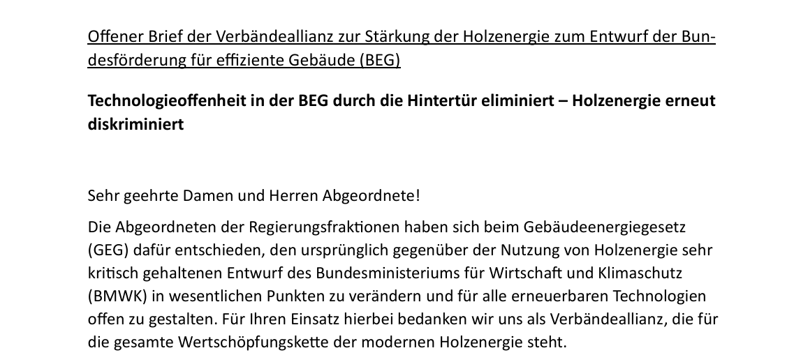 Das Bild zeigt einen Ausschnitt von einem offenen Brief zur Stärkung der Holzenergie für effiziente Gebäude.