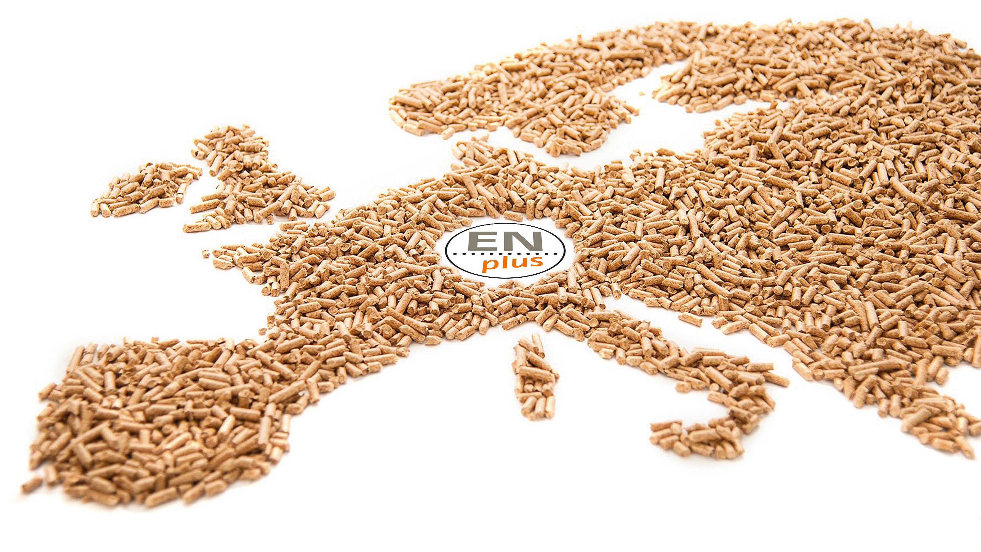 Weißer Hintergrund mit Pellets in Form einer Europakarte. In der Mitte (Deutschland) ist das Logo ENplus zu sehen.