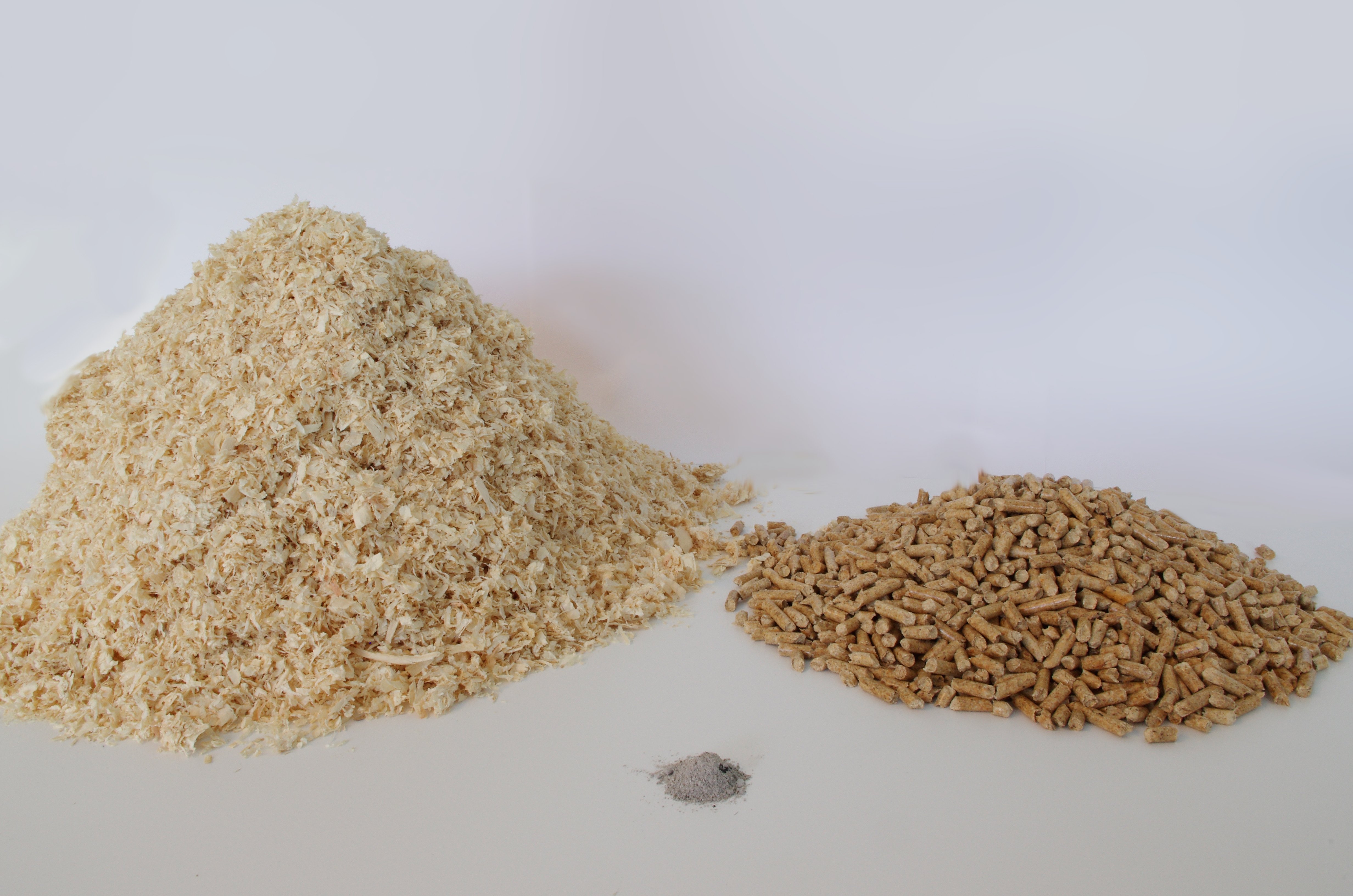 Das Bild zweigt einen Haufen Sägespäne daneben Pellets und vorne in der Mitte ist ein kleiner Haufen Asche zu sehen.